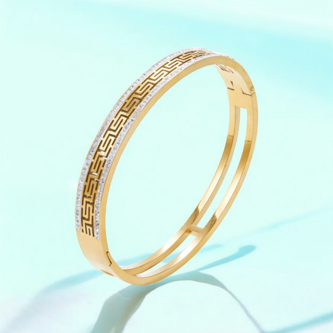 Tatiana | Gold Plated Greek Key Greatwall Zircon Cuff Bracelet Bangle