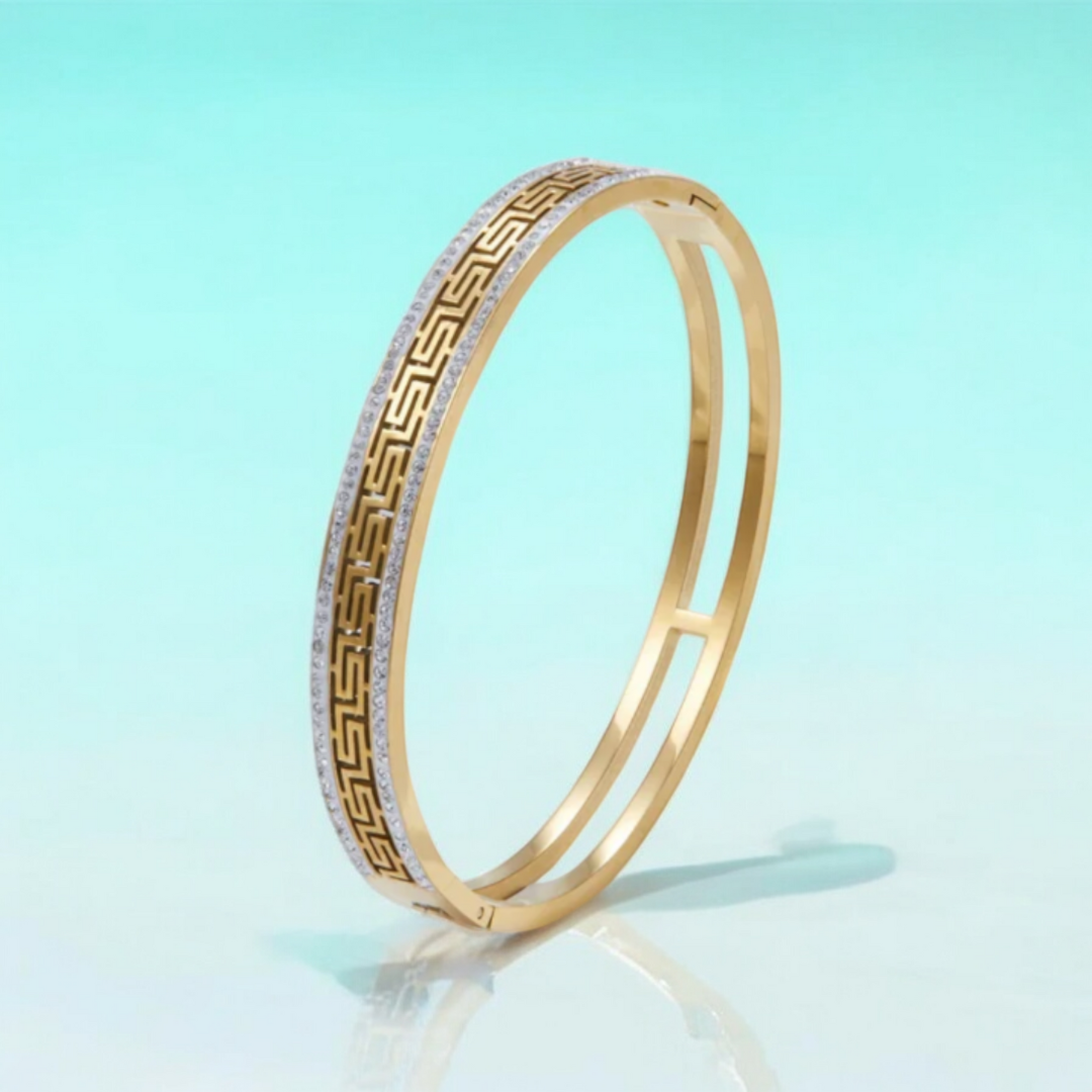 Tatiana | Gold Plated Greek Key Greatwall Zircon Cuff Bracelet Bangle