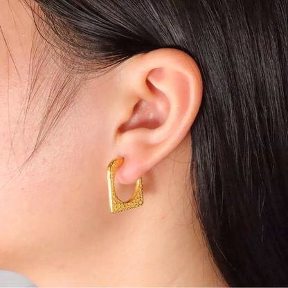 Ellie | Gold Plated Hammered Square Dangle Hoop Earrings