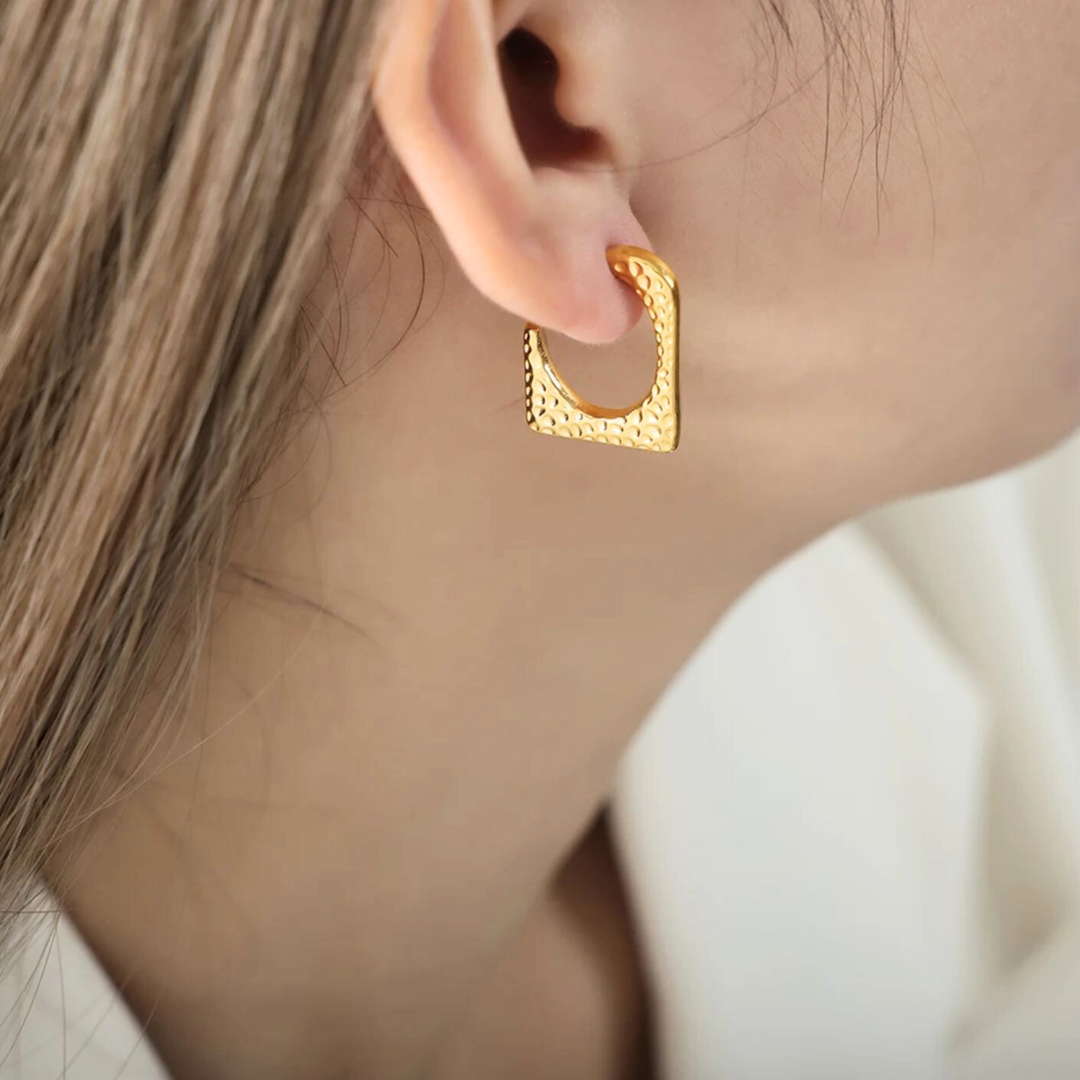 Ellie | Gold Plated Hammered Square Dangle Hoop Earrings