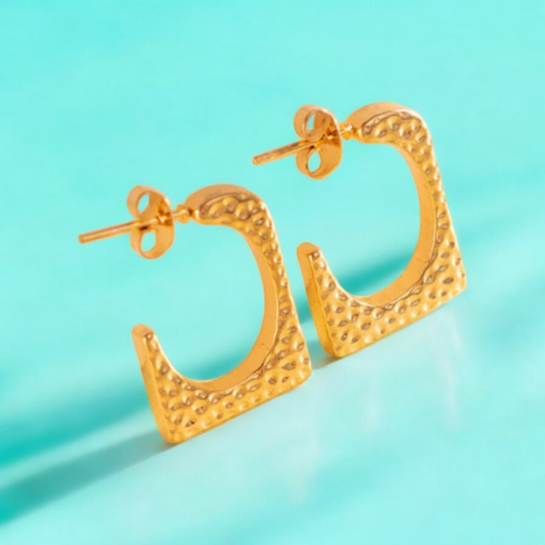 Ellie | Gold Plated Hammered Square Dangle Hoop Earrings