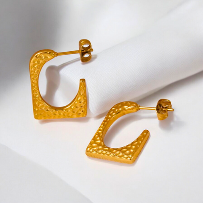 Ellie | Gold Plated Hammered Square Dangle Hoop Earrings