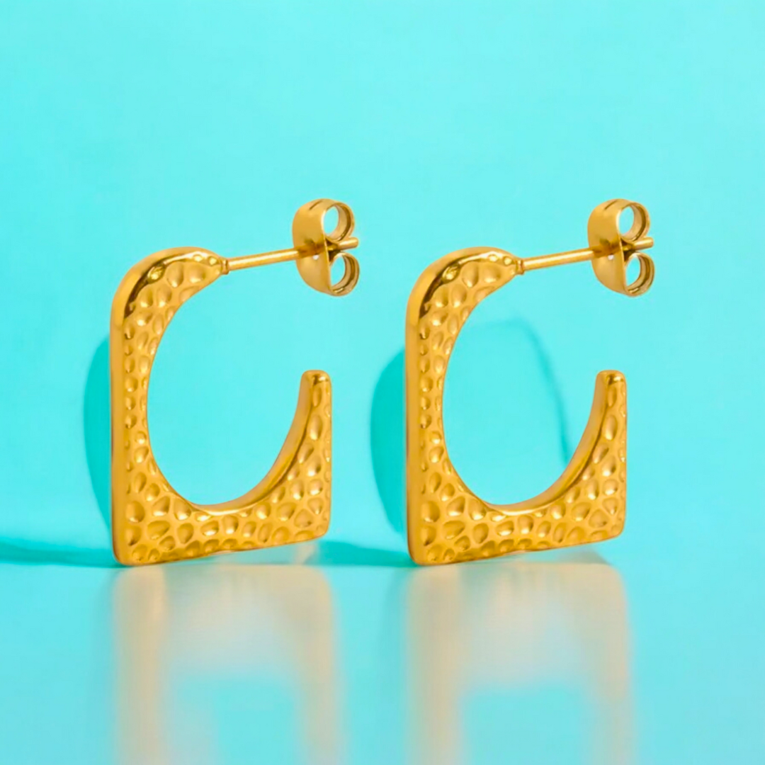 Ellie | Gold Plated Hammered Square Dangle Hoop Earrings