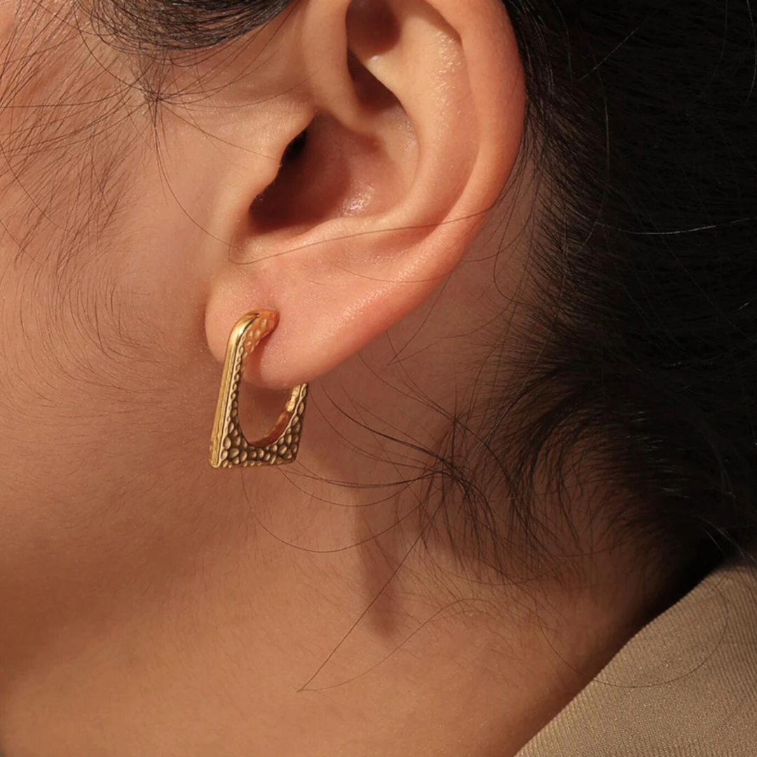 Ellie | Gold Plated Hammered Square Dangle Hoop Earrings