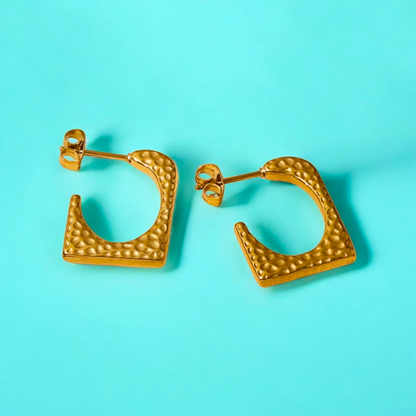 Ellie | Gold Plated Hammered Square Dangle Hoop Earrings