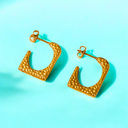 Ellie | Gold Plated Hammered Square Dangle Hoop Earrings