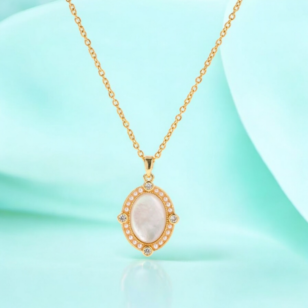 Freya | Gold Plated Oval White Shell Zircon Pendant Necklace