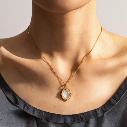 Freya | Gold Plated Oval White Shell Zircon Pendant Necklace