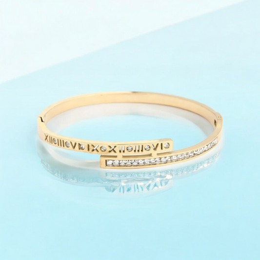 Clarissa | Gold Plated Roman Numeral Crystal Cuff Bracelet Bangle