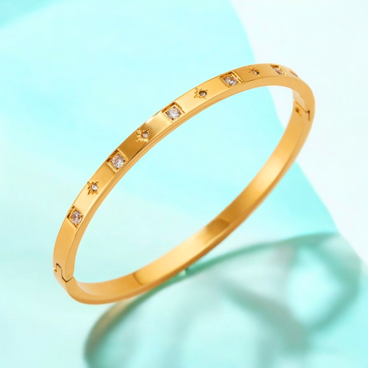 Helena | Gold Plated Cuff Bangle Bracelet with Star Shaped Zircons