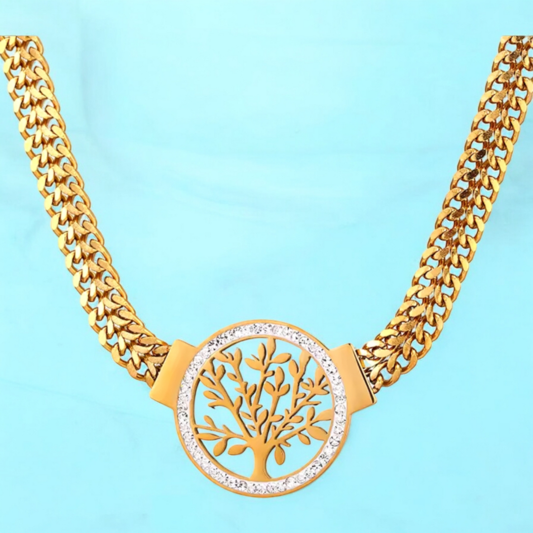 Celia | Gold Plated Tree of Life Crystal Cuban Link Chunky Necklace