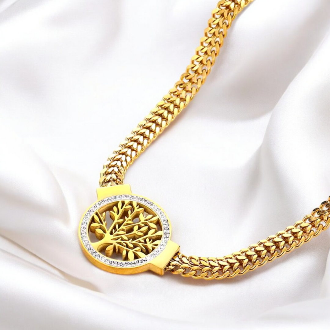 Celia | Gold Plated Tree of Life Crystal Cuban Link Chunky Necklace