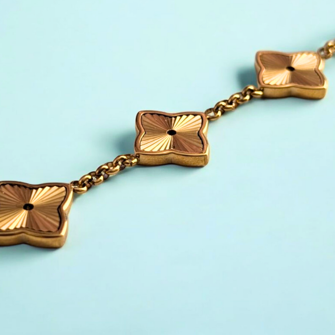 Gifting Set -18K Gold Plated Textured Four-Leaf Clover Set Waterproof (Necklace, Bracelet, Ring and Earring)