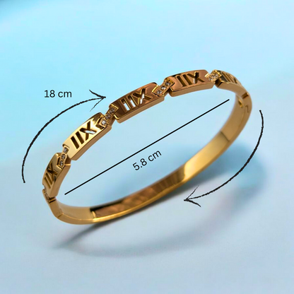 Zara | Gold Plated Roman Numerals Cuff Bangle Bracelet with Zircons
