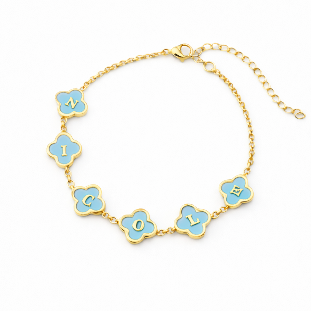 Azura Clover Bracelet - Personalised Aqua Blue Clover Name Bracelet