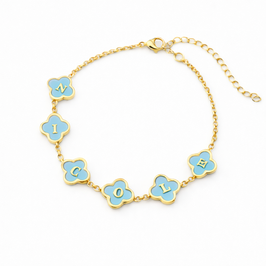 Azura Clover Bracelet - Personalised Aqua Blue Clover Name Bracelet