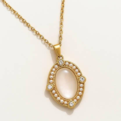 Freya | Gold (18K) Plated Oval White Shell Zircon Pendant Waterproof Necklace