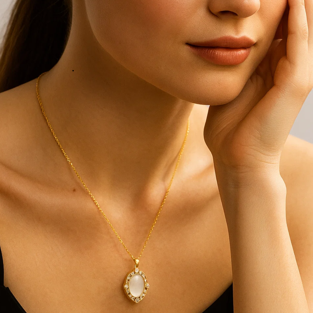 Freya | Gold (18K) Plated Oval White Shell Zircon Pendant Waterproof Necklace