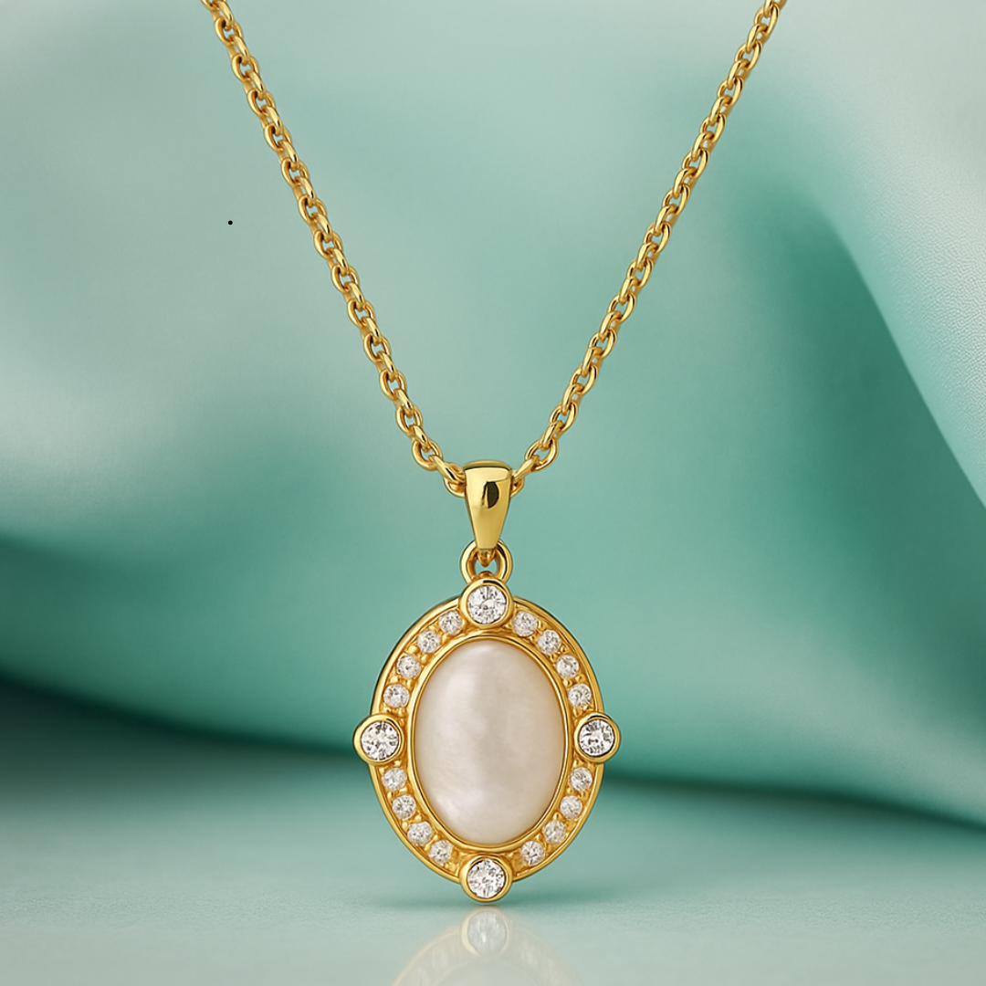 Freya | Gold (18K) Plated Oval White Shell Zircon Pendant Waterproof Necklace