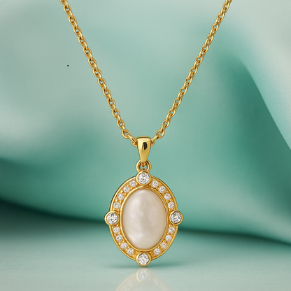 Freya | Gold (18K) Plated Oval White Shell Zircon Pendant Waterproof Necklace