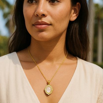 Freya | Gold (18K) Plated Oval White Shell Zircon Pendant Waterproof Necklace