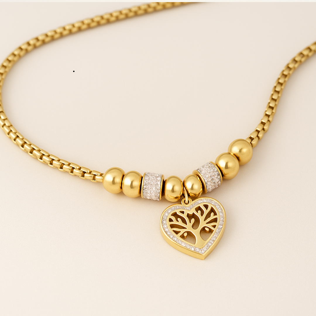 Lorraine | 18K Gold Plated Chunky Heart Tree of Life Waterproof Necklace with Zircons