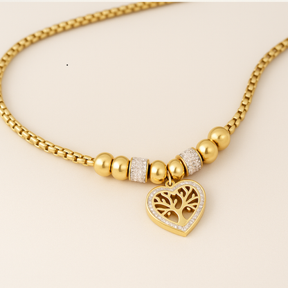 Lorraine | 18K Gold Plated Chunky Heart Tree of Life Waterproof Necklace with Zircons