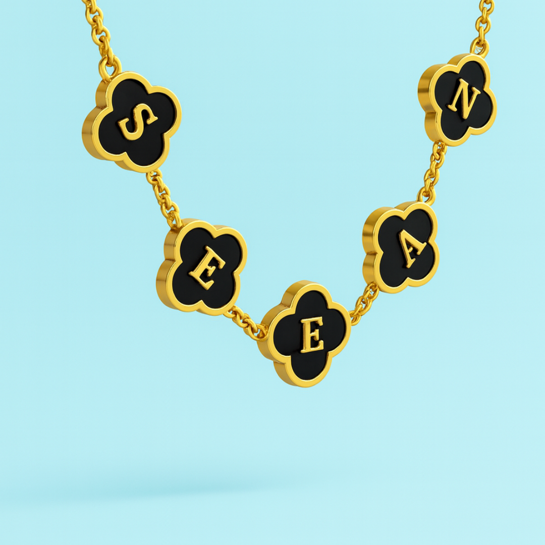 Personalised Clover Name Necklace, 18K Gold Plated Four-Leaf Pendant Waterproof
