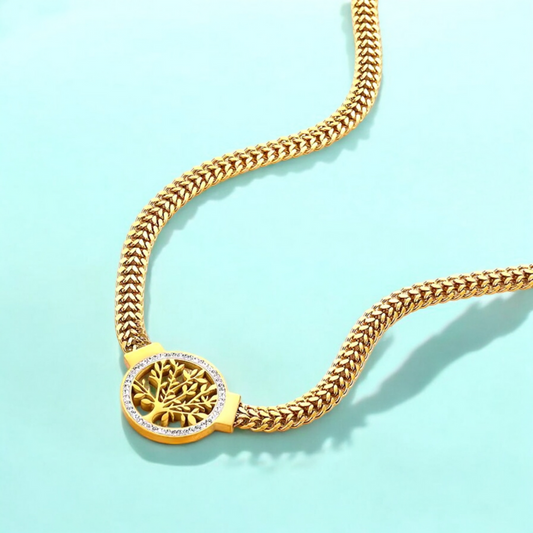 No tarnish, waterproof Celia Tree of Life Choker. Jooelri London's 18K gold plated stainless steel, gym-proof, eco-friendly. Free shipping & gift! 