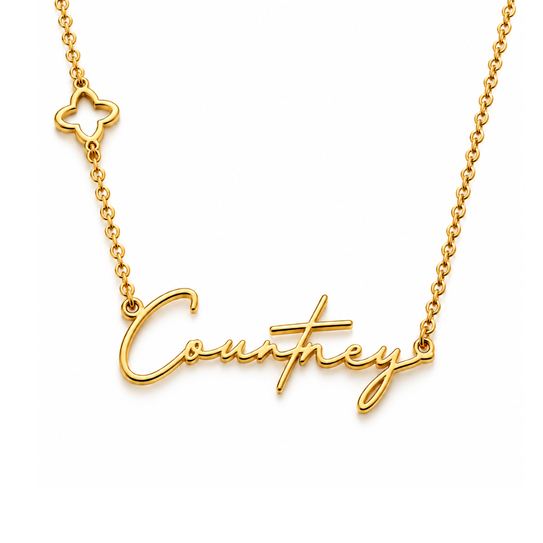 Courtney | Gold Plated Personalised Name & Clover Necklace