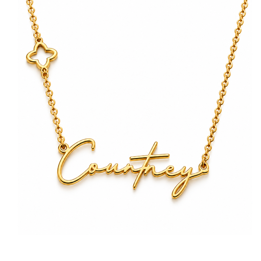 Courtney | Gold Plated Personalised Name & Clover Necklace