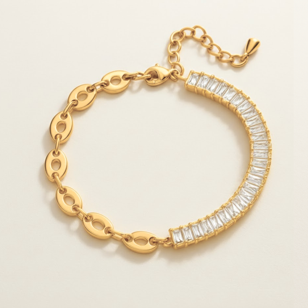 Giselle | Gold Plated Coffee Bean Link Bracelet with Zircons