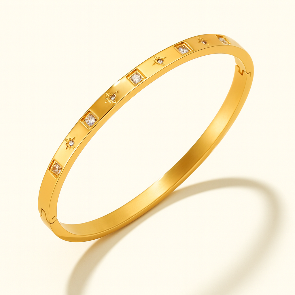Helena | Gold Plated Cuff Bangle Bracelet with Star Shaped Zircons