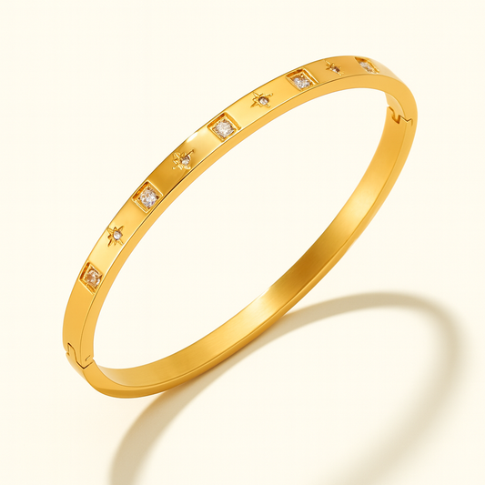 Helena | Gold Plated Cuff Bangle Bracelet with Star Shaped Zircons