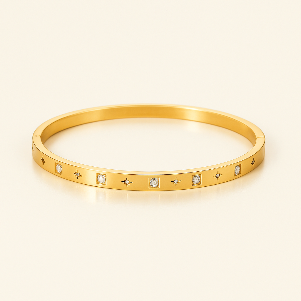 Helena | Gold Plated Cuff Bangle Bracelet with Star Shaped Zircons