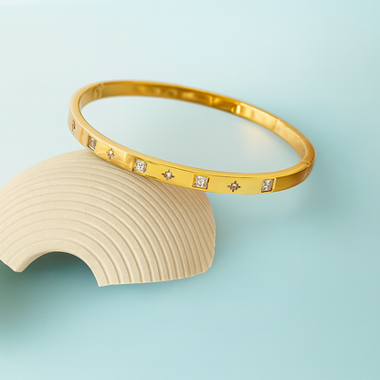 Helena | Gold Plated Cuff Bangle Bracelet with Star Shaped Zircons