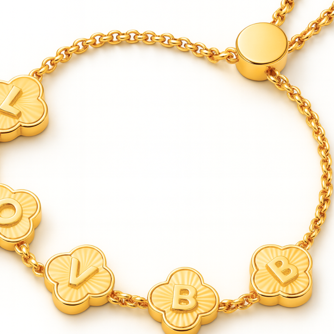 Emilia Gold Clover Bracelet - Personalised Clover Name Bracelet, 18K Gold Plated Waterproof Clover Jewellery