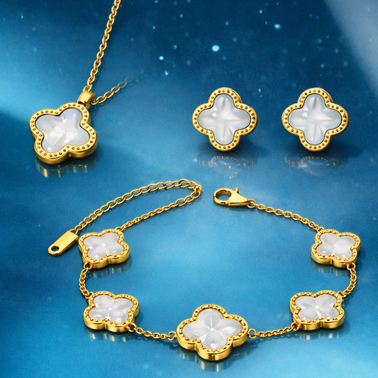 Clover Set - Gold Plated Four-Leaf Clover Necklace, Earrings and Bracelet