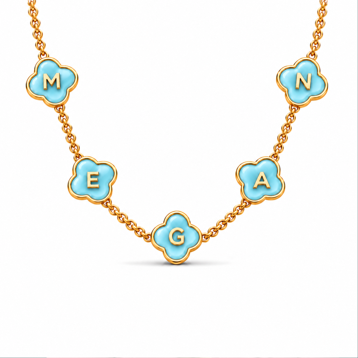 Twilight | Gold Plated Personalised Aqua Blue Clover Name Necklace