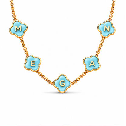 Twilight | Gold Plated Personalised Aqua Blue Clover Name Necklace