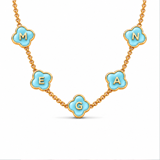 Twilight | Gold Plated Personalised Aqua Blue Clover Name Necklace