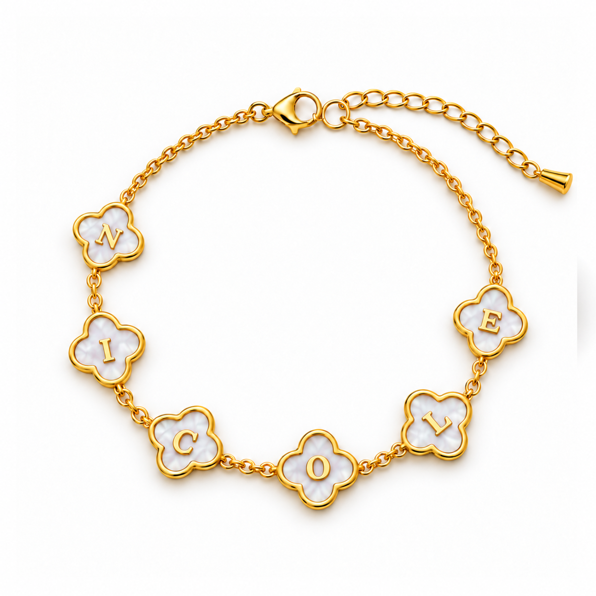 Candace | Gold Plated Personalised Mother of Pearl Clover Bracelet