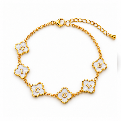 Candace | Gold Plated Personalised Mother of Pearl Clover Bracelet