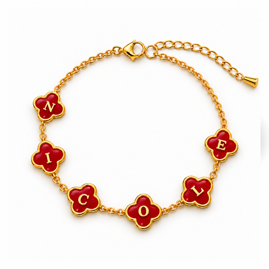 Valentina | Gold Plated Personalised Red Clover Name Necklace