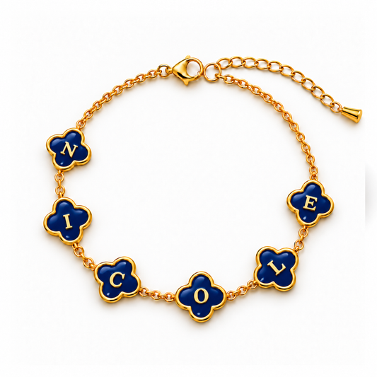 Navy | Gold Plated Personalised Blue Clover Bracelet