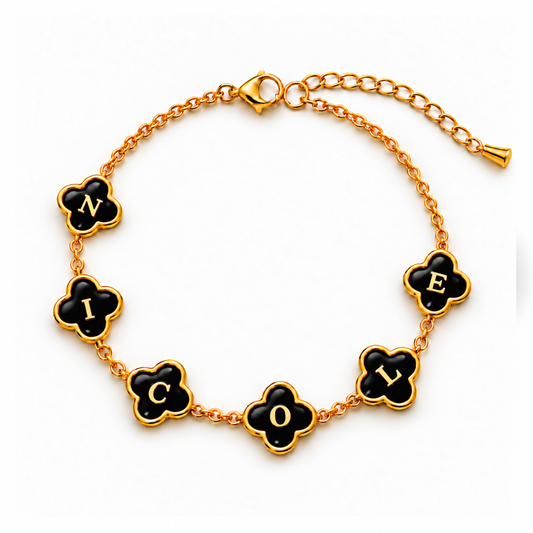 Khiara | Gold Plated Personalised Onyx Clover Name Bracelet