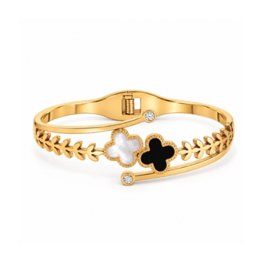 Arabelle | Gold Plated White and Black Four-Leaf Clover Bangle