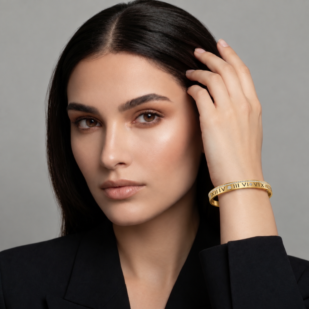 Lucia | Gold Plated Pave Roman Numeral Bangle
