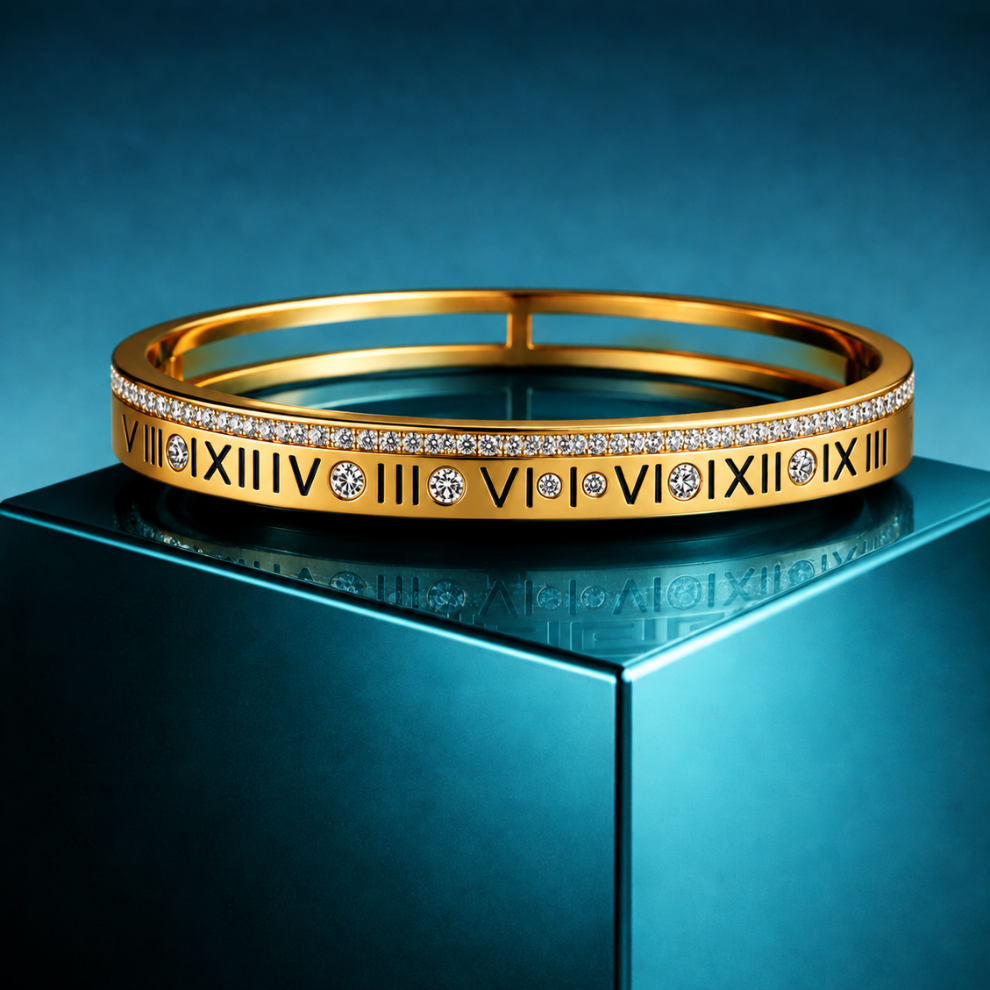 Lucia | Gold Plated Pave Roman Numeral Bangle