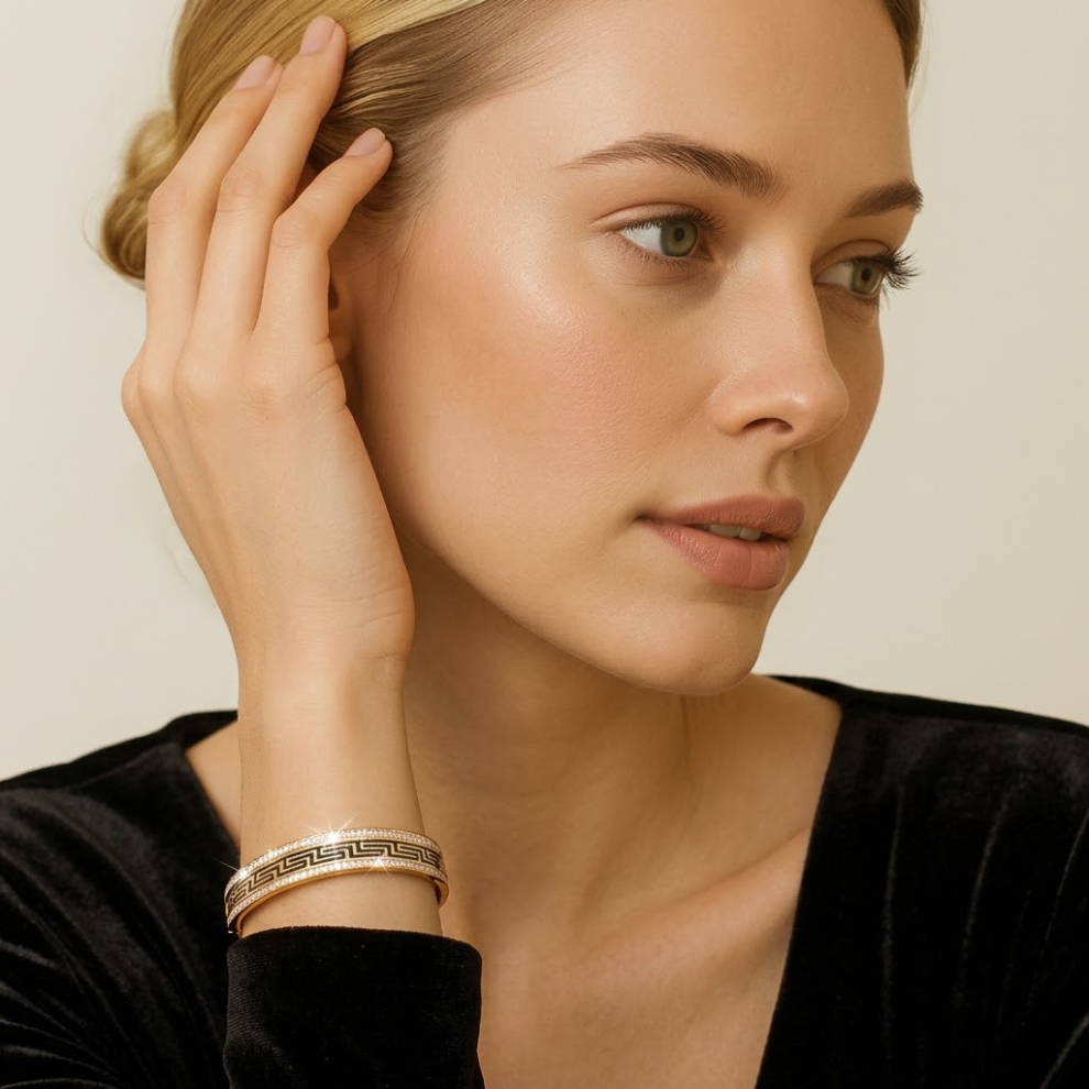 Tatiana | Gold Plated Pavé Greek Key Bangle